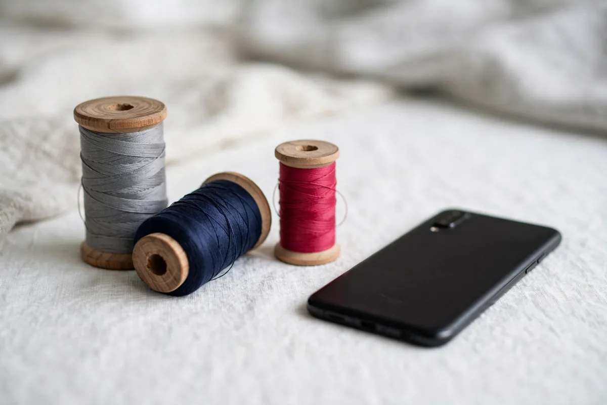 Thread spools and a phone on a white table
