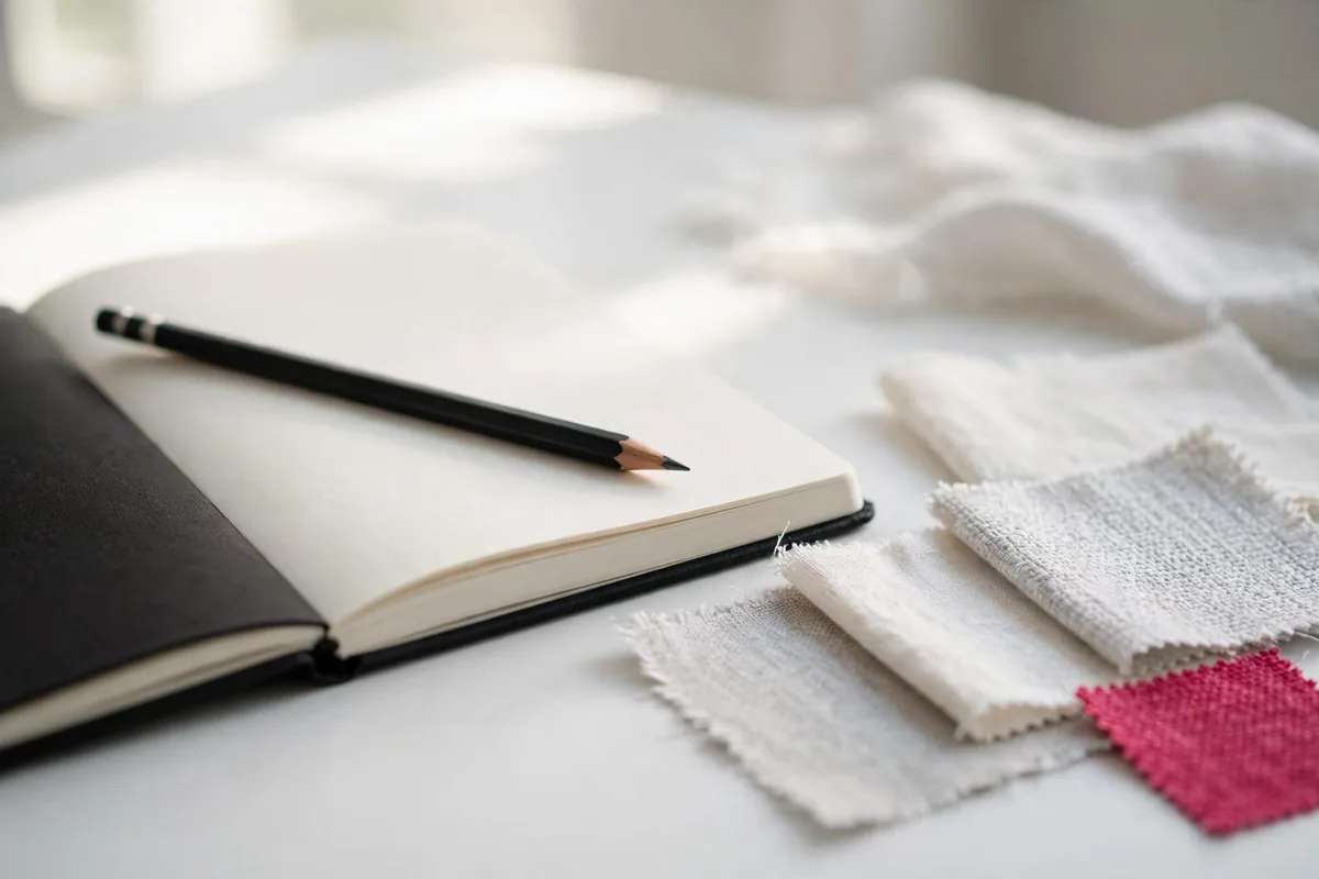 Fabric swatches beside a blank planner
