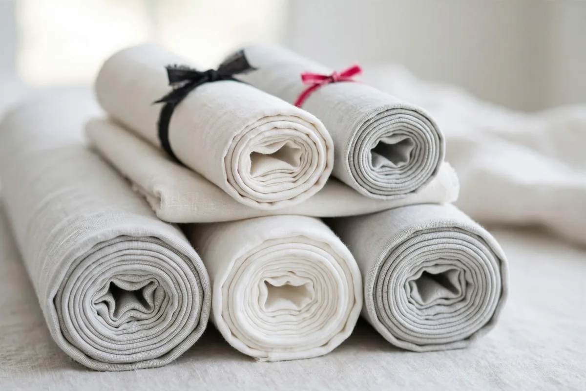 Neatly stacked fabric rolls